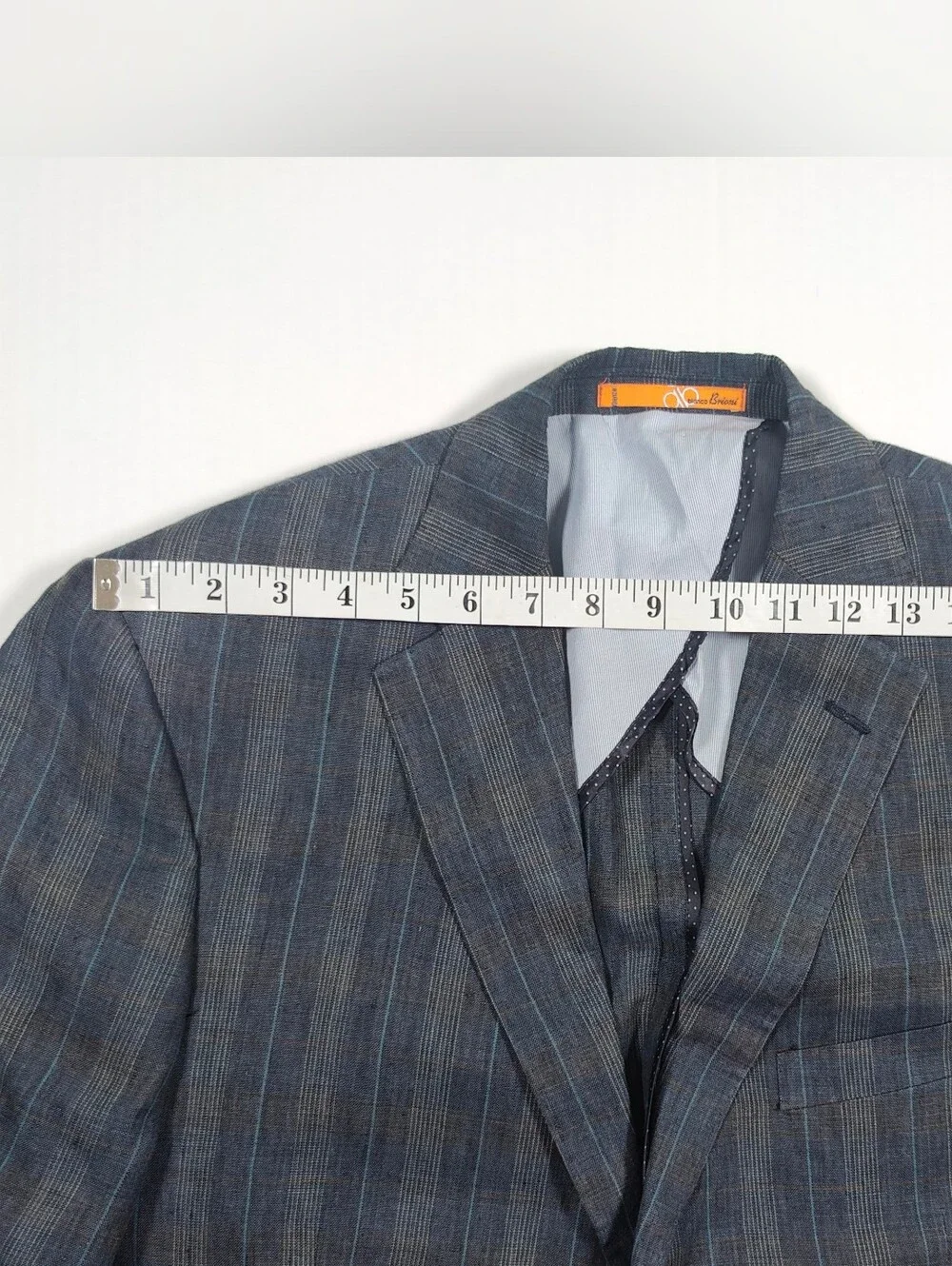 Bianco Brioni Mens Blue Grey 100% Linen Plaid Blazer Size 40R Made In Italy